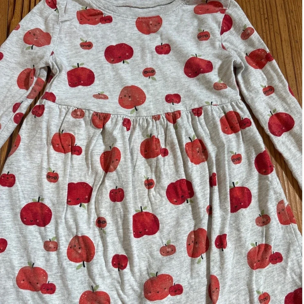 Old‎ Navy Apple Print Dress Kids Gray Red Long Sleeve Fruit School SIZE 5T